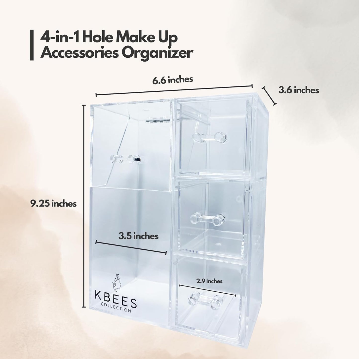 Acrylic Cosmetic Organizer Countertop. Four Slot Brush and Accessories Holder for Vanity, Countertop. Streamlines Beauty Routine